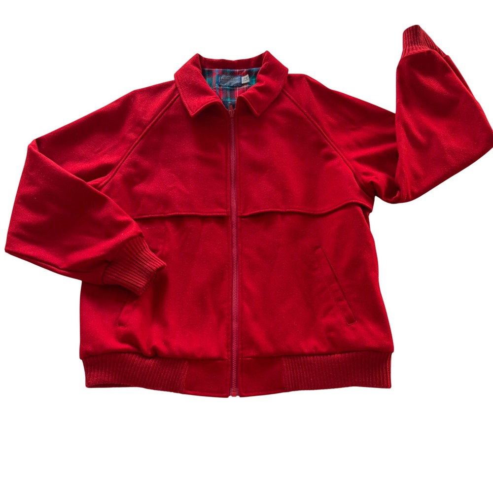 Pendleton Bomber Jacket Men Red Virgin Wool Full Zip Plaid Lined USA Large Flaws